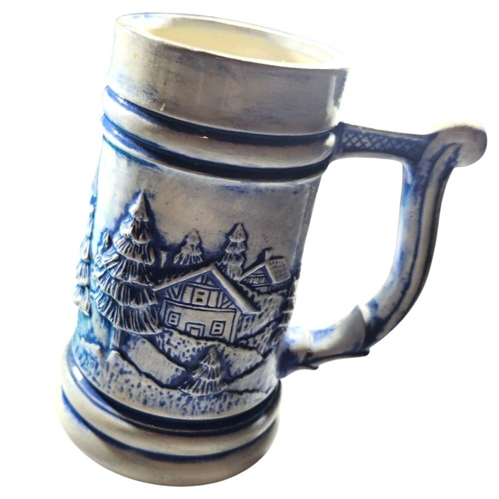 Vtg Mug Blue White Ceramic Stein Village Hays christmas winter cottagecore